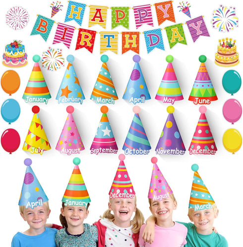 Fulmoon 48 Pcs Happy Birthday Bulletin Board Set Monthly Hat Birthday Cutouts Birthday Hat Bulletin Board Birthday Calendar Balloon Cutouts Classr...