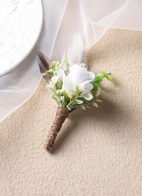 Rose Boutonniere for Men Wedding - Handmade White Corsage Feather Boutonnier for Woodland Wedding Groom Groomsmen Formal Dinner Party Ceremony Ann...