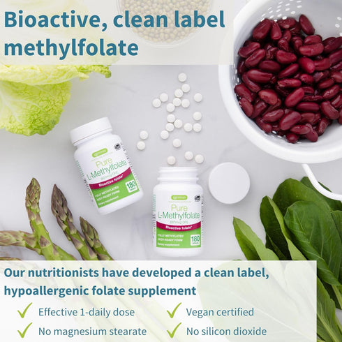 Pure Folate 400mcg, Optimized Methylfolate, Clean Label, 180 Small Tablets, Lab Verified, Vegan & Hypoallergenic, Supplement for Men & Women, Preg...