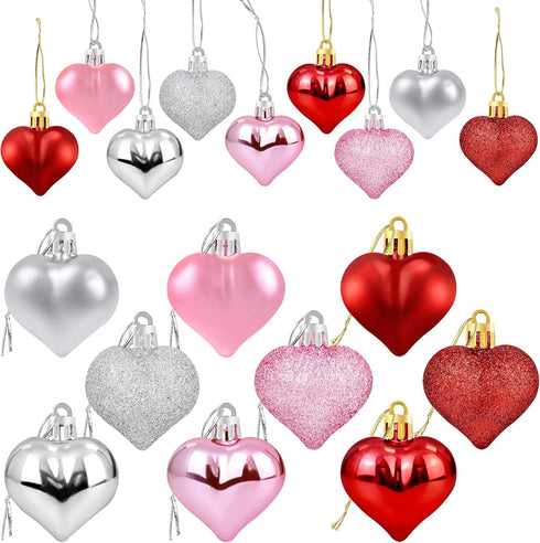 36Pcs Valentines Heart Shaped Ornaments - Valentines Heart Decorations - Red Pink Silver Glitter Heart Shaped Baubles - Romantic Christmas Valenti...