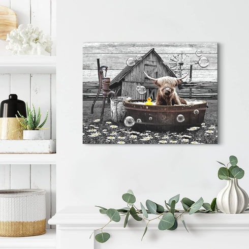 Farmhouse Bathroom Decor Wall Art Funny Highland Cow in Bathtub Pictures Wall Decor Rustic Bathroom Cow Painting for Bathroom Toilet Cattle Artwor...