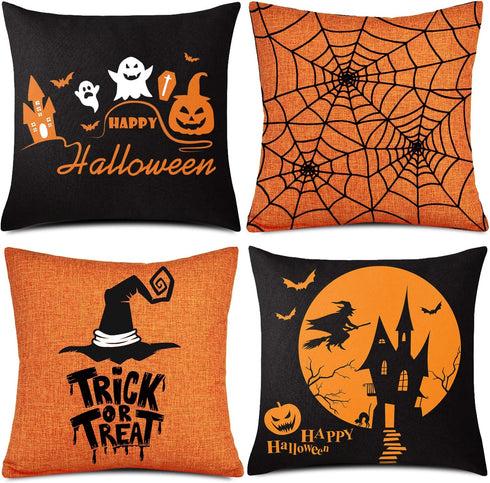 Whaline 4 Pieces Halloween Pillow Case, Orange and Black Pillow Cover, Happy Halloween Linen Sofa Bed Throw Cushion Cover Decoration (18" x 18")...