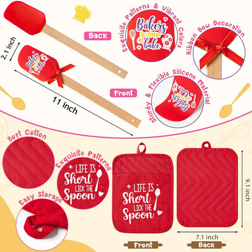 Baking Gift Pot Holder Set - R HORSE 3Pcs Red Baking Pot Holder with Silicone Spatula Greeting Card Heat Resistant Oven Mitts Kitchen Baking Gift ...
