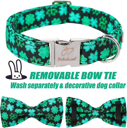 St.Patrick's Day Clover Dog Collars with Bow Tie,Black Clover Soft Cotton with Safety Metal Buckle Adjustable Puppy Collars for Large Boy & Girl D...