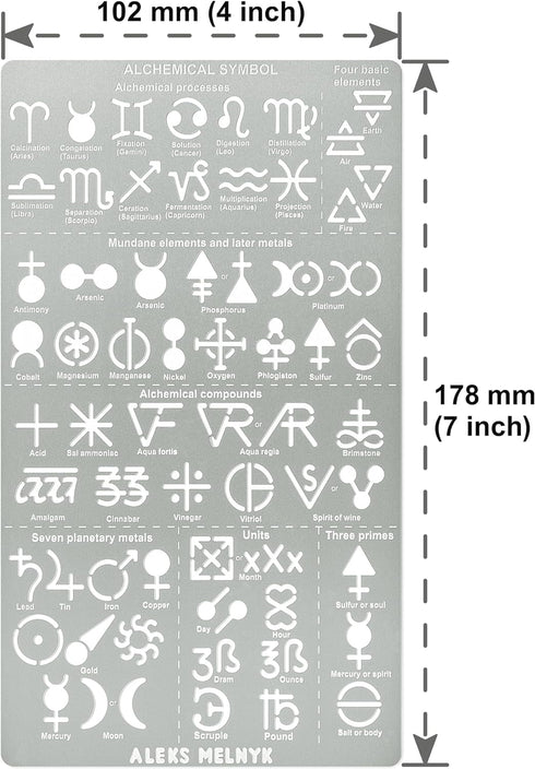 Aleks Melnyk No.398 Metal Stencil, Alchemical symbols, Small Stencil, 1 PC, Template for Wood Burning, Engraving, Crafting, Scrapbook...