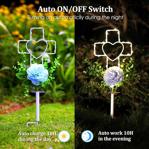 16 Inch Solar Cross Garden Stake Lights with 1 Artificial Flower Metal Garden Art for Patio Lawn Garden Decor Solar Outdoor love Sign for Gravesit...