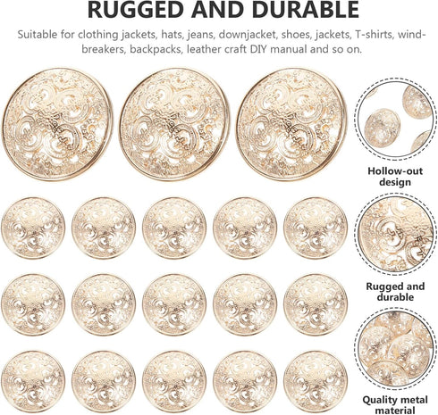 SUPVOX 30pcs Metal Buttons for Coat Jacket Round Flat Button Replacement Hollow Buckle DIY Sewing Clothes Sweater (Light Gold,23MM)...
