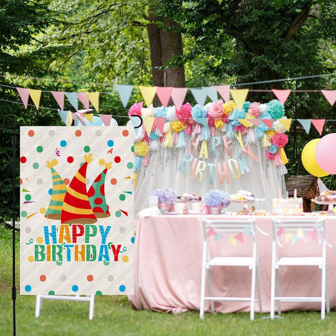 Happy Birthday Garden Flags 12" x 18" Gift Party Small Yard Signs Vertical Double Sided Readable Burlap Welcome Birthday Hat House Flags Poster Pa...