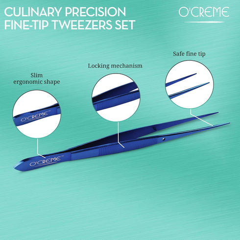 O'Creme Stainless Steel Precision Kitchen Tweezer Tongs 6.25" with Fine Tip (Blue)...