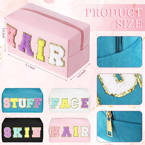 4 Pcs Large Chenille Letter Patch Makeup Bag Skin Stuff Hair Face Bag Preppy Patch Makeup Cosmetic Bag Toiletry Zipper for Women Teen Girl(Letters...