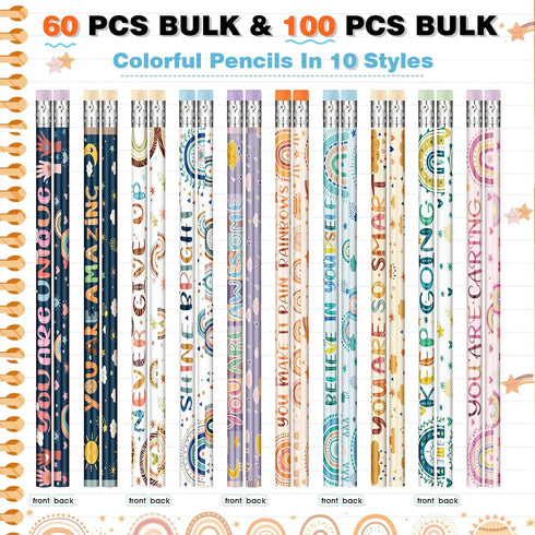 Funrous 60 Pieces Motivational Pencils Bulk Fun Pencils for Kids Students Boho Rainbow Inspirational Pencils with Sayings Welcome Back to School P...