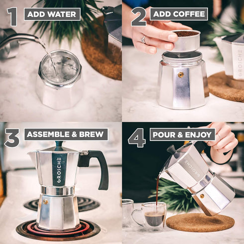 GROSCHE Milano Moka Pot | 3 Espresso Cup - 5 oz | Stovetop Espresso Percolator & Coffee Maker – Portable, Ideal for Home and Camping...