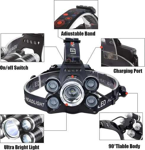 LED Bright Headlight Rechargeable Lamparas (Up to 13 Hours of use) | Head Lights for Forehead - Waterproof Headlamp Battery Powered, 10000 LM (Inc...