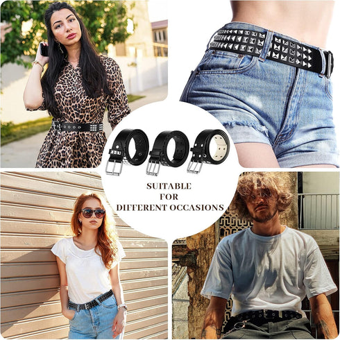 Syhood 3 Pieces Studded Belt Punk Rivet Double Grommet Belt Faux Leather Gothic Goth Black for Men Women Gift...