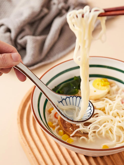 Ceramic Ramen Spoons, Asian Soup Spoon, Japanese Spoons for Kitchen, Pho, Dumpling, Noodles, Wantan, Miso, No slip into soup - 6.5 Inch, Blue, Set...