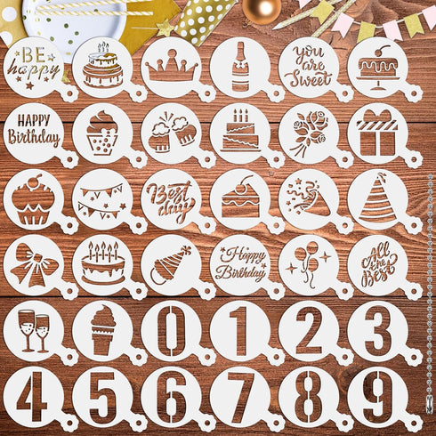 JULBEAR Birthday Cookie Stencils, 36 Pieces Reusable Coffee Decoration Stencils Templates Tools for Cookies Baking Painting Dessert Decoration DIY...