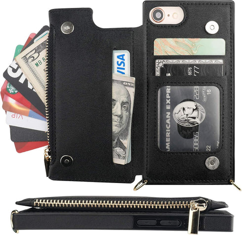 Bocasal Crossbody Wallet Case for iPhone SE 2022/SE 2020/7/8 with Card Holder,Zipper Card Slot Protector Shockproof Purse Cover with Removable Cro...