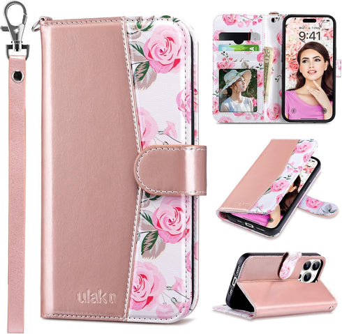 ULAK Compatible with iPhone 15 Pro Wallet Case with Card Holder, Flower Flip Case Wallet for Women Girls PU Leather Kickstand Wrist Strap Shockpro...