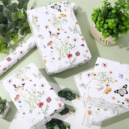JarThenaAMCS Wildflower Wrapping Paper -Mini Roll- 17 Inch x 32.8Ft Watercolor Floral Butterfly Gift Wrap Paper Spring Art Paper for Wedding Brida...