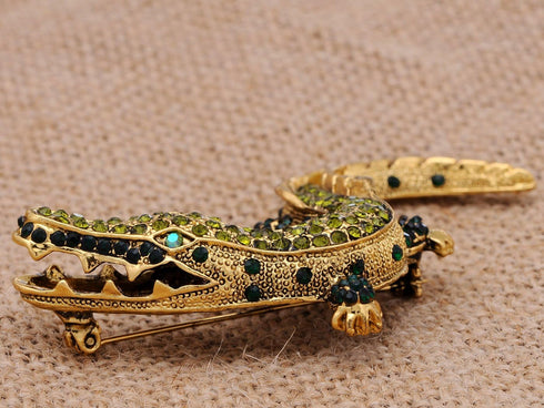 Alilang Yellow Golden Tone Green Rhinestones Alligator Crocodile Brooch Pin...