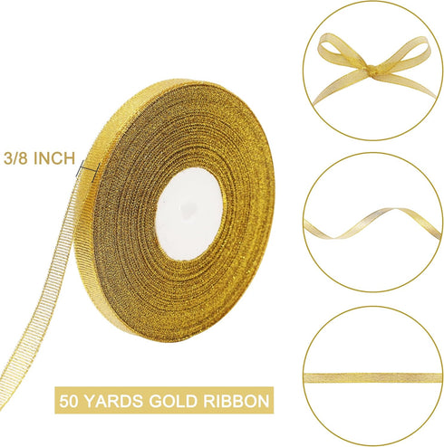 50 Yards Gold Glitter Ribbon 3/8 Inch, Sparkly Thin Solid Fabric Ribbon for Gift Wrapping, Crafts, Holiday Wedding Birthday Party Decoration Flora...