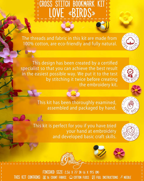 Povitrulya Love 'Birds' Counted cross Stitch Bookmark Kit - Valentine's Day DIY Embroidery set for Adults with Paper pattern, 16-count Aida Canvas...