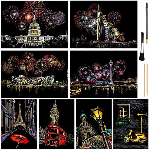 Scratch Art for Kids & Adult, Rainbow Engraving Painting Landscape Scratchboard(A4) Crafts Set: 8 Sheets 4 tools - Congress Building, Burj Al Arab...