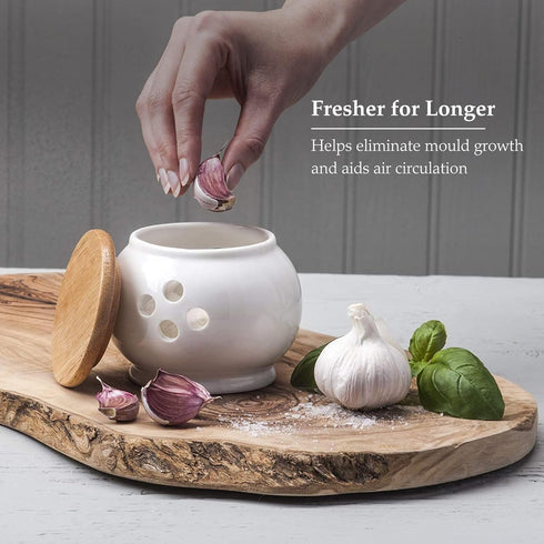 WM Bartleet & Sons 1750 Traditional Porcelain Garlic Storage Pot with Wooden Lid 10cm – White, One Size...