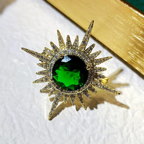 Excellent Gold and Emerald Starburst Pin Brooch Planet Sun Burst Jewelry...