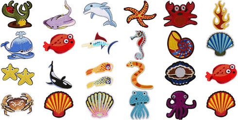 Assorted 27pcs Marine Creatures Iron on Patches Shark Whale Dolphin Clams Shell Crabs Seahorses Starfish Manta Ray Octopus Embroidered Patches App...