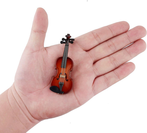 Dselvgvu Wooden Miniature Violin with Stand,Bow and Case Mini Musical Instrument Miniature Dollhouse Model Ornament Home Decoration (3.15"x1.18"x0...
