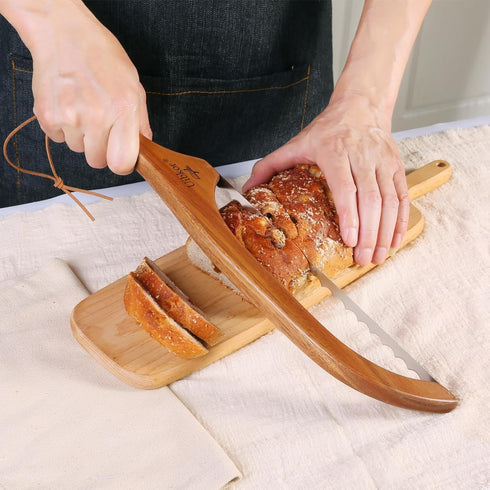 Wooden Bread Bow Knife, 16" Serrated Bagel Knife, Serrated Sourdough Cutter, Premium Stainless Steel Serrated Saw Bread Cutter, Bread Slicer Knife...