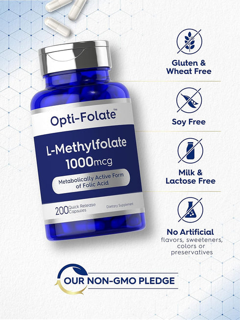 Carlyle L Methylfolate 1000mcg | 200 Capsules | Value Size | Optimized and Activated | Non-GMO, Gluten Free | Methyl Folate, 5-MTHF | by Opti-Fola...