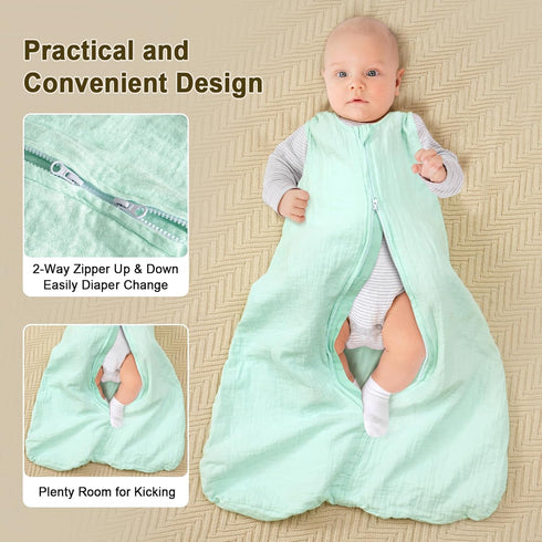 PHF 100% Muslin Cotton Baby Sleep Sacks, 0-6 Months Sleep Sack with 2-Way Zipper, 2 Pack Cooling Unisex 0.5 TOG Breathable Small Size Sleeveless B...