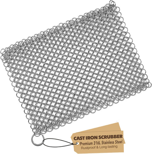 Cast Iron Scrubber 316 Stainless Steel Skillet Cleaner 8"x6" Chainmail Scrubber Scraper Chain Mail Link Scrub for Cast Iron Pre-Seasoned Pans, Gri...