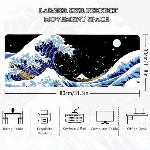 Gaming Laptop Mouse Pad,Sea Wave Big Mice Pads PC Keyboard Waterproof and Non-Slip 31.5 x 11.8inches 3mm Thick XL,XXL Rubber Table Mat, Kanagawa S...
