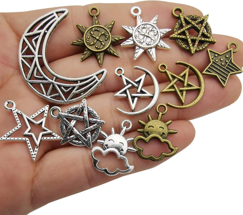 WOCRAFT 100g(About 76pcs) Craft Supplies Small Antique Bronze Silver Sun Moon Star Charms Pendants for Jewelry Making Findings Crafting Accessory ...