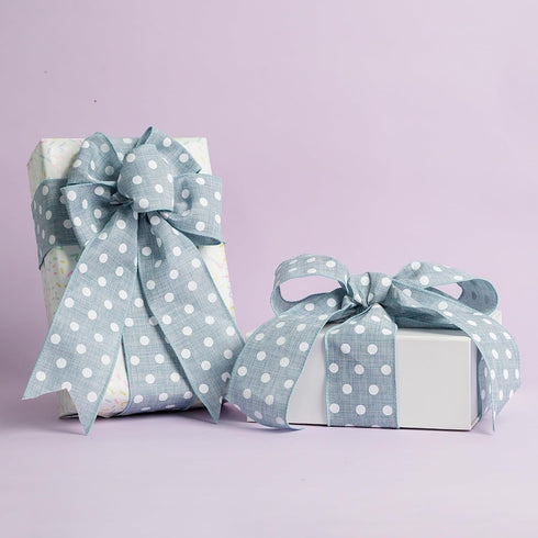 HUIHUANG Denim Blue and White Polka Dot Wired Ribbon 2-1/2 inch, Wire Edge Dots Burlap Ribbon for Wreath Supplies Bows Making DIY Crafts Home Outd...