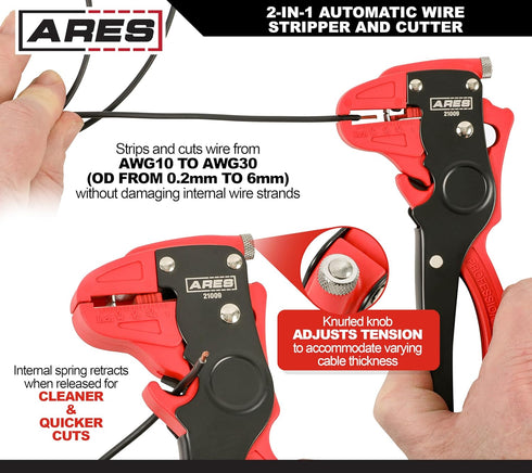 ARES 21009 – 2-in-1 Automatic Wire Stripper and Cutter – High Carbon Steel Blades Cut and Strip Electrical Cable Without Damaging Internal Line – ...