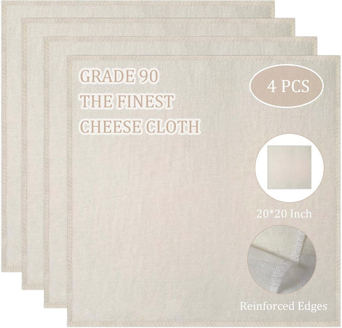 Cheesecloth, Precut 20x20Inch, Grade 90 Hemmed Cheese Cloths for Cooking Reusable and Washable, 100% Unbleached Pure Cotton Muslin Cloths for Stra...