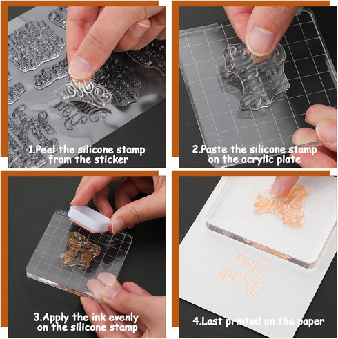 4 Set Words Clear Stamp 2 Pieces Acrylic Stamp Block Sentiments Silicone Stamp Cards Clear Stamping Tools Set Acrylic Block with Grid Lines Decora...