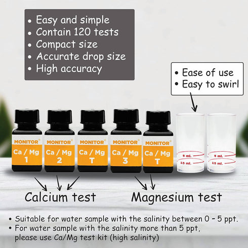 Monitor Calcium/Magnesium Low Salinity (0-5 PPT) Test KIT (120 Tests) - Monitor Aquarium and aquaculture Water Quality...