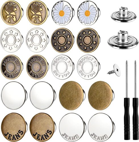 60 Sets Buttons for loose Jeans,17mm+20mm No Sew Metal Button Extenders for Jeans,10 Patterns Adjustable and Reusable Instant Jean Button Replacem...