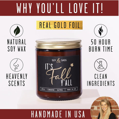 Fall Candles - 'It's Fall Yall' Fall Candle w/Apple Cinnamon & Nutmeg I Infused with Essential Oils I Autumn Fall Scented Candles I Cozy Cute Fall...