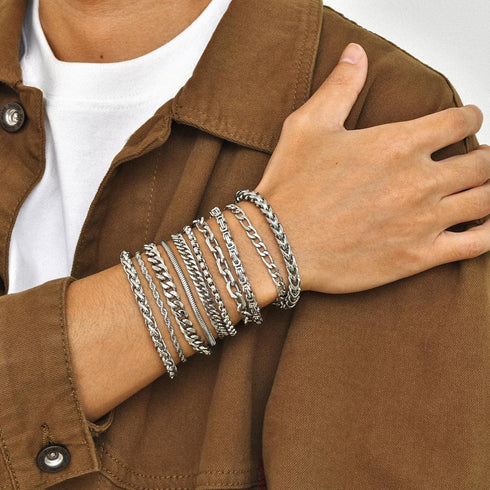 VNOX Silver Chain Bracelet for Men - 10 Pcs Solid Stainless Steel Rope/Figaro/Paperclip/Cuban Link/Snake Curb Chunky Chain Bracelet Set Wrist Band...