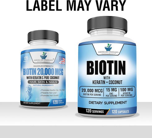 Biotin 20,000mcg with Keratin, Coconut Powder and Zinc, Hair Growth Supplements, Biotin Supplements, Healthy Hair Skin & Nails for Adults,120 Vegg...