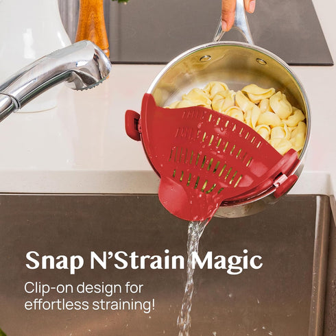 Kitchen Gizmo Snap N Strain Silicone Pot Strainer - Adjustable Clip-On Pasta Strainer for Pots, Pans, and Bowls - Large Red Kitchen Colander...