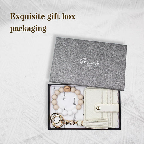 Keychain Wallet Wristlet Small Credit Card Holder Bracelet Key Chain Purse Bangle Tassel Beads Key Rings for Women...