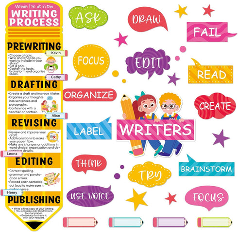 67Pcs Writing Process Bulletin Board Set Classroom Writing Paper Cutouts Pencils Writing Bulletin Board Cutouts Writing Process Poster for Wall Do...