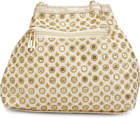 Indian Ethnic Designer Embroidered Silk Potli Bag Batwa Pearls Handle Purse (Golden-3)...